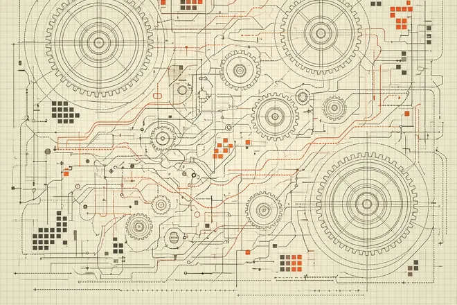 Blueprint drawing of interlocking gears and routing paths.